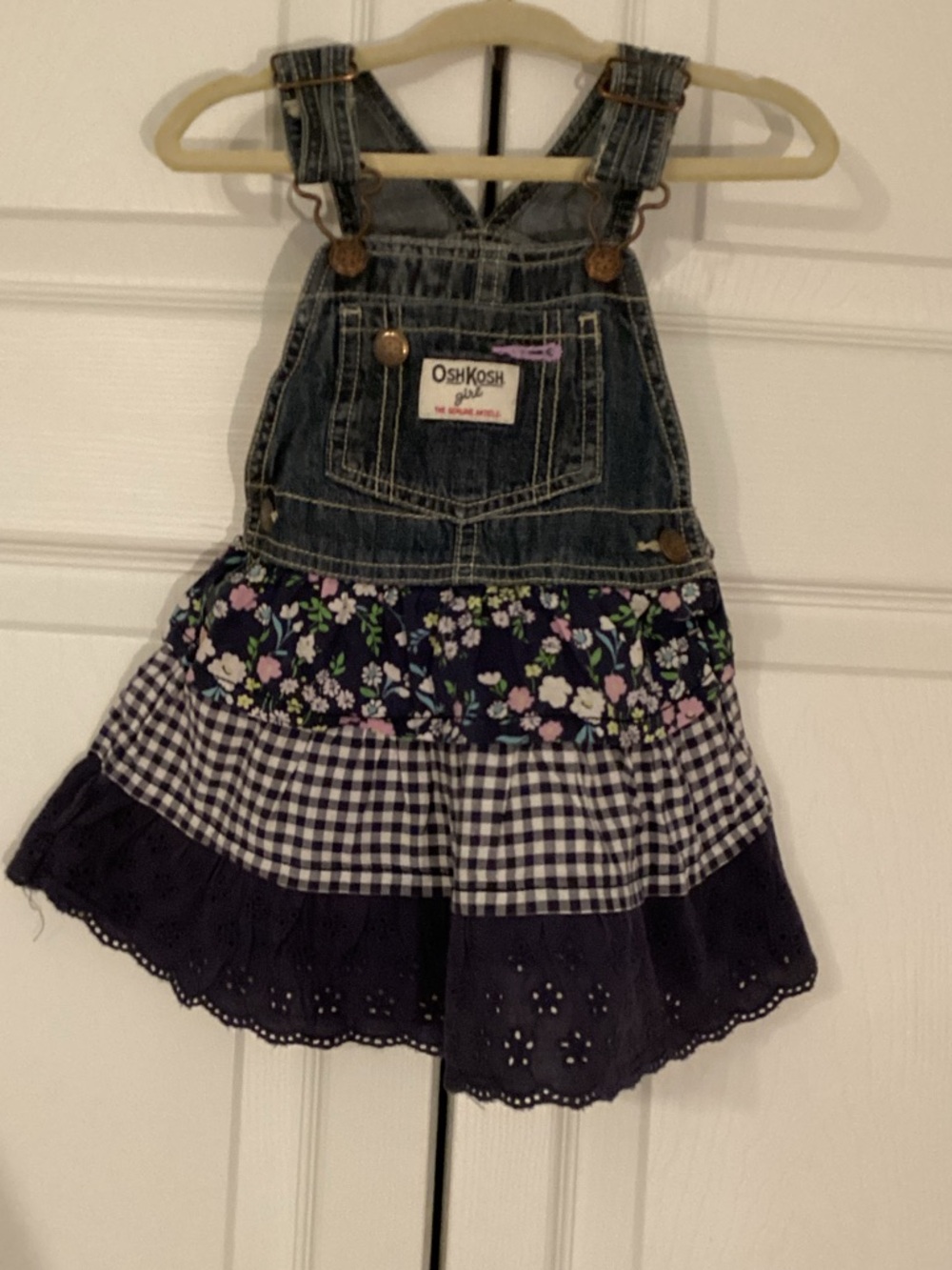 OshKosh B'gosh Denim Overall Dress with Navy, Purple  Tiered Skirt 18 Months EUC